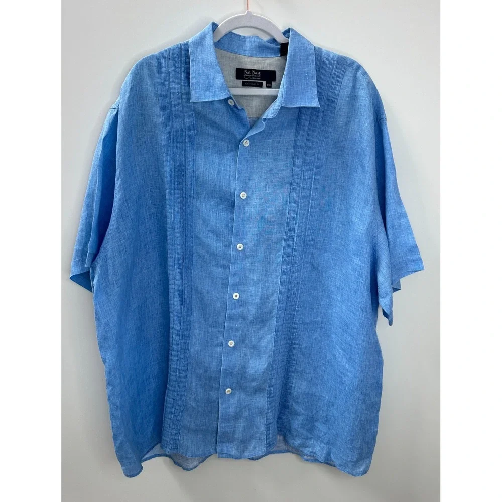 Nat Nast 100% Linen Shirt Men's XXL Blue Pleated American Fit Button Up Resort - Picture 8 of 8